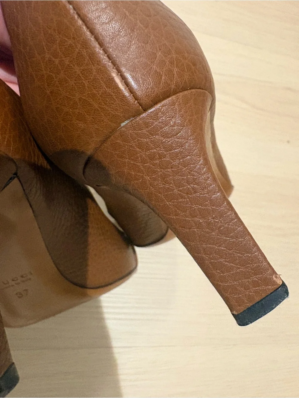 Gucci Tan Leather Heels with Gold Buckle Detail